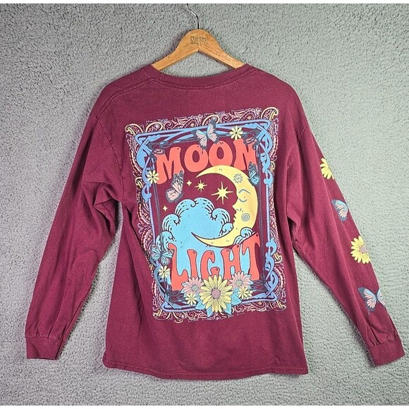 Obsessive Love Boho Graphic T-Shirt Maroon Sunset Moonlight Butterflies Festival - Picture 2 of 8